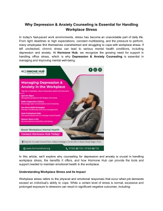 Why Depression & Anxiety Counseling is Essential for Handling Workplace Stress