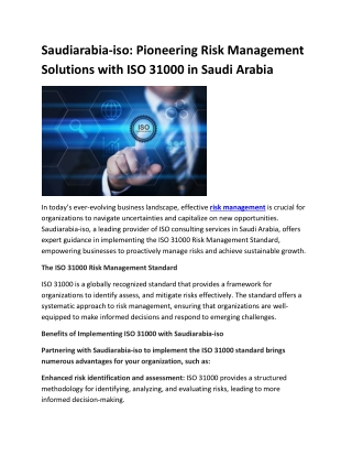 Saudiarabia-iso: Pioneering Risk Management Solutions with ISO 31000 in Saudi Ar