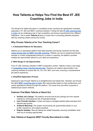 Tallento.ai Helps You Find the Best IIT JEE Coaching Jobs in India