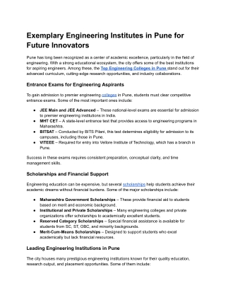 Exemplary Engineering Institutes in Pune for Future Innovators