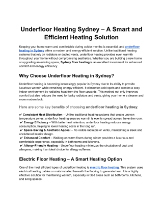 Underfloor Heating Sydney – A Smart and Efficient Heating Solution