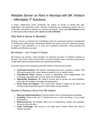 Reliable Server on Rent in Mumbai with BK Infotech – Affordable IT Solutions