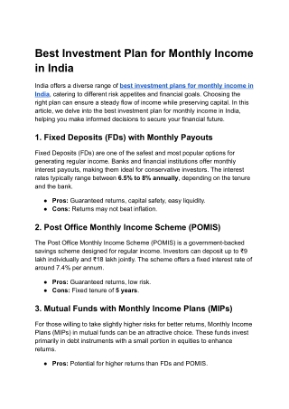 Best Investment Plan for Monthly Income in India