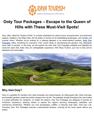 Ooty Tour Packages – Escape to the Queen of Hills with These Must-Visit Spots