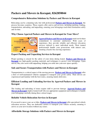 Packers and Movers in Koraput, 8262850044