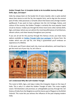 Golden Triangle Tour- A Complete Guide to Incredible Journey through Delhi, Agra, and Jaipur