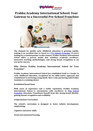 Prabhu Academy International School Your Gateway to a Successful Pre-School Franchise
