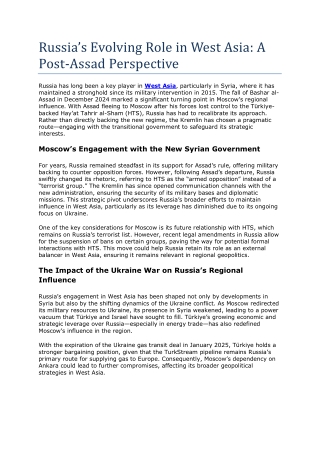 Russia’s Evolving Role in West Asia: A Post-Assad Perspective