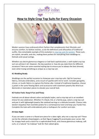 Crop Top Suits Style for Any Occasion - Glamour Indian Wear