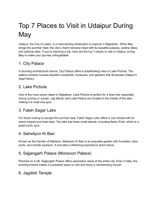 Top 7 Places to Visit in Udaipur During May