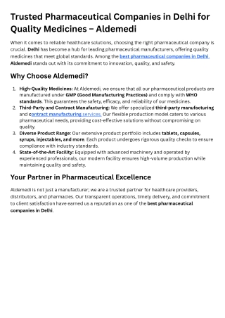 Trusted Pharmaceutical Companies in Delhi for Quality Medicines – Aldemedi