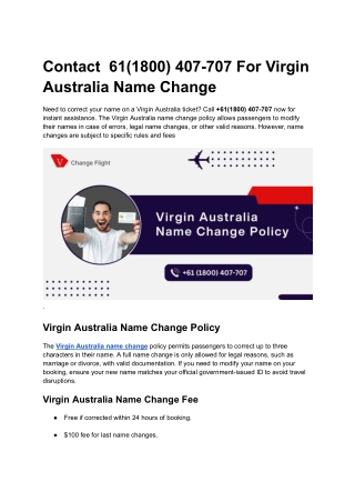 Contact  61(1800) 407-707 For Virgin Australia Name Change