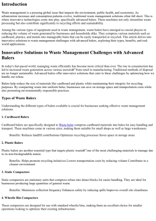 Innovative Solutions to Waste Management Challenges with Advanced Balers