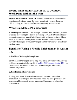 Mobile Phlebotomist Austin TX  to Get Blood Work Done Without the Wait