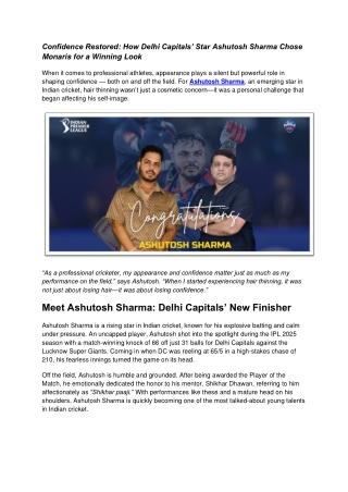 Confidence Restored: How Delhi Capitals’ Star Ashutosh Sharma Chose Monaris for