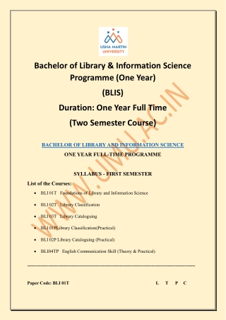 UMU Library & information Science BLIS course 2025 syllabus download