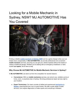 Looking for a Mobile Mechanic in Sydney, NSW? MJ AUTOMOTIVE Has You Covered
