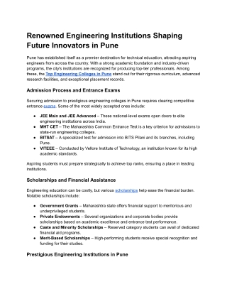 Renowned Engineering Institutions Shaping Future Innovators in Pune