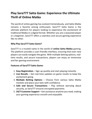 Play Sara777 Satta Game - Experience the Ultimate Thrill of Online Matka