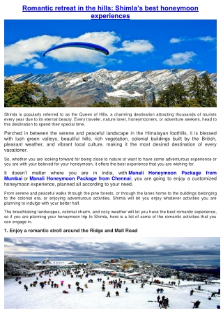 Romantic retreat in the hills Shimla’s best honeymoon experiences