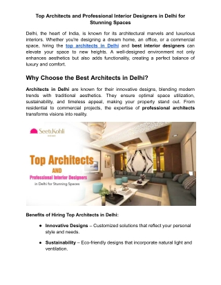 Top Architects and Professional Interior Designers in Delhi for Stunning Spaces