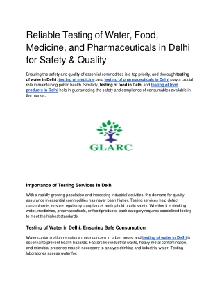 Reliable Testing of Water, Food, Medicine, and Pharmaceuticals in Delhi for Safety & Quality