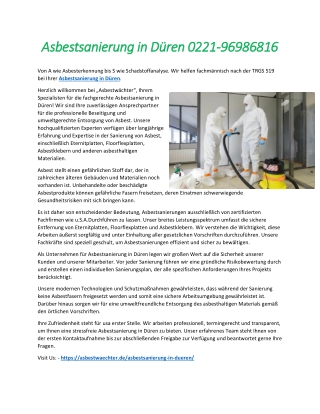 Asbestsanierung in Düren 0221-96986816