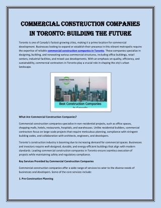 Commercial Construction Companies in Toronto Building the Future