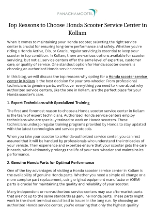 Top Reasons to Choose Honda Scooter Service Center in Kollam