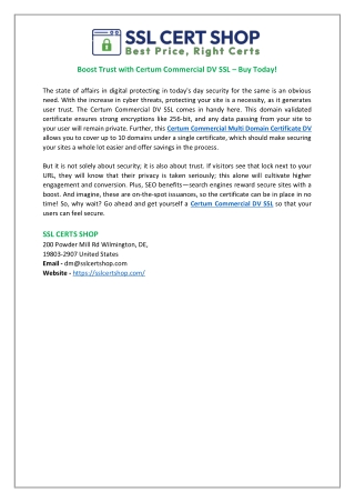 Boost Trust with Certum Commercial DV SSL – Buy Today!
