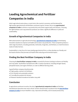 Leading Agrochemical and Fertilizer Companies in India