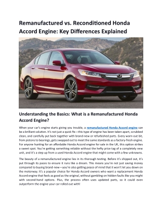 Remanufactured vs. Reconditioned Honda Accord Engine Key Differences Explained