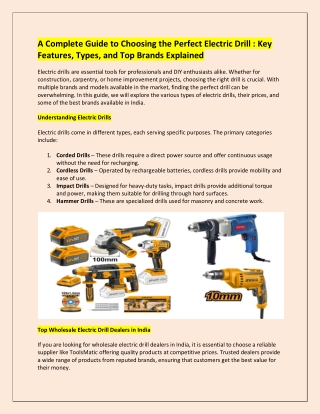 A Complete Guide to Choosing the Perfect Electric Drill Key Features, Types, and Top Brands Explained