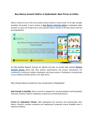 Buy Ramco Cement Online in Hyderabad—Best Prices at Istika
