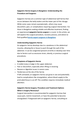 Epigastric Hernia Surgery in Bangalore
