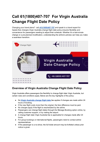 Call 61(1800)407-707  For Virgin Australia Change Flight Date Policy