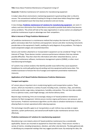 Know About Predictive Maintenance of Equipment Using IoT