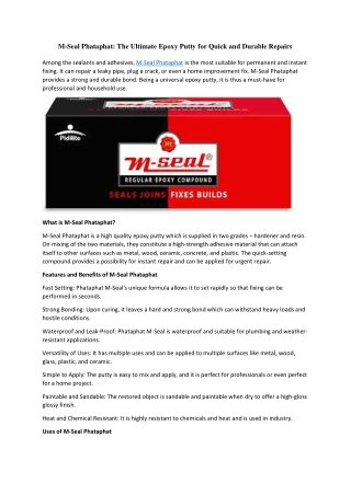 M-Seal Phataphat The Ultimate Epoxy Putty for Quick and Durable Repairs