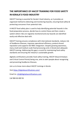 THE IMPORTANCE OF HACCP TRAINING FOR FOOD SAFETY IN KERALA