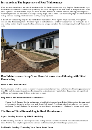 Roof Maintenance: Keep Your Home's Crown Jewel Shining with Tidal Remodeling