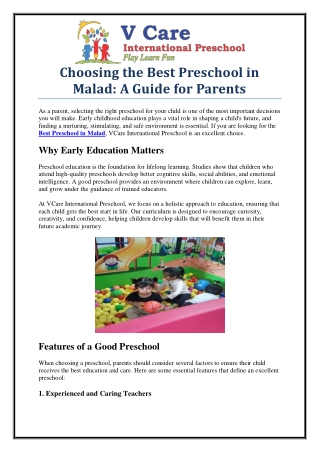 Best Preschool in Malad – V Care International Preschool for Early Learning Exce