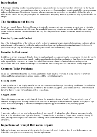 The significance of a Adequately Operating Toilet: Why Repairs Can't Wait around