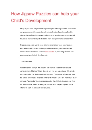 How Jigsaw Puzzles can help your Child's Development