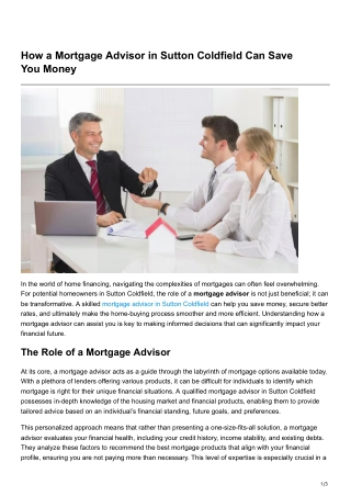 How a Mortgage Advisor in Sutton Coldfield Can Save YouMoney