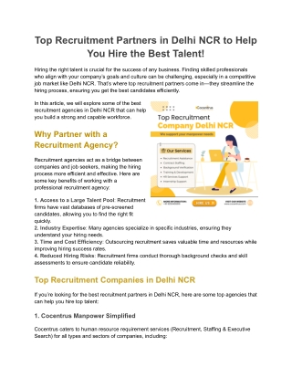 Top Recruitment Partners in Delhi NCR to Help You Hire the Best Talent