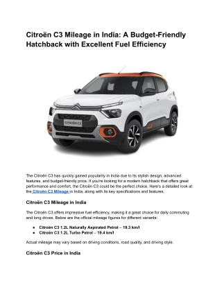 Citroën C3 Mileage in India