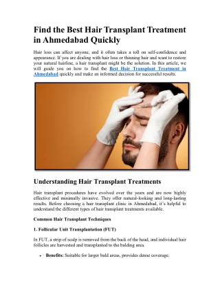 Best Hair Transplant Treatment in Ahmedabad Quickly