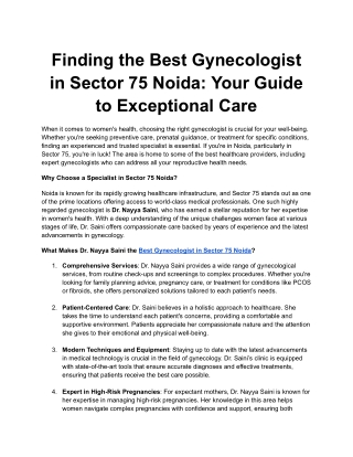 Finding the Best Gynecologist in Sector 75 Noida: Expert Care with Dr. Nayya Sai