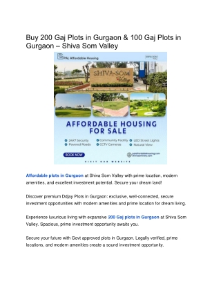 Buy 200 Gaj Plots in Gurgaon & 100 Gaj Plots in Gurgaon – Shiva Som Valley