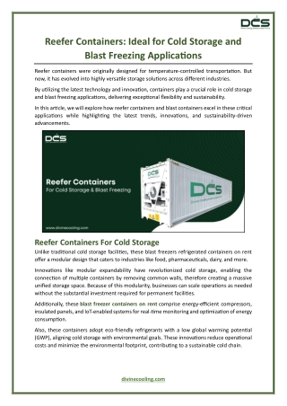 Reefer Containers - Ideal for Cold Storage and Blast Freezing Applications